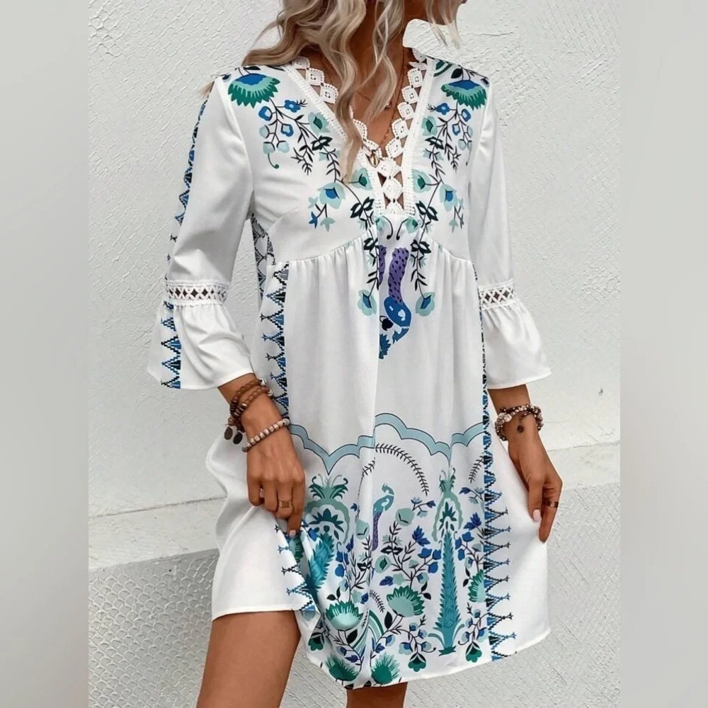Boho Print Lace Hem Midi dress all sizes